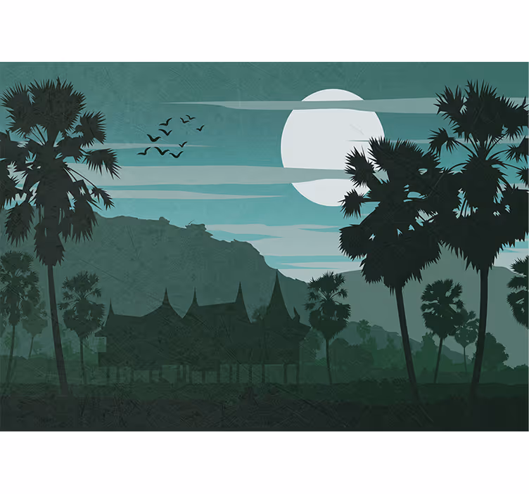 Fotomural bosque palmeras iluminadas por la luna - TenVinilo