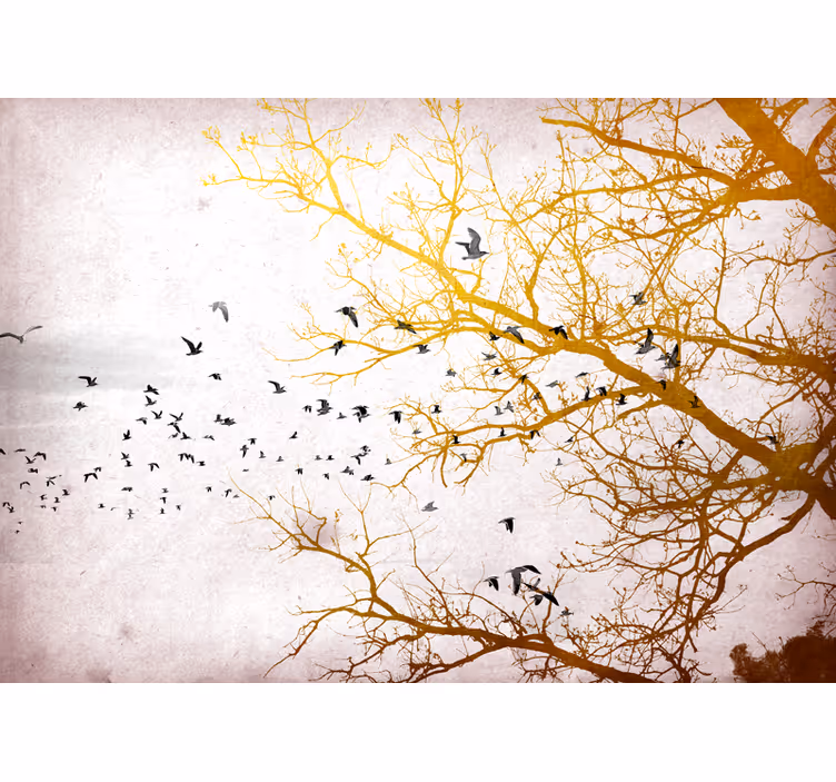 Fotomural naturaleza ramas doradas con pájaros - TenVinilo