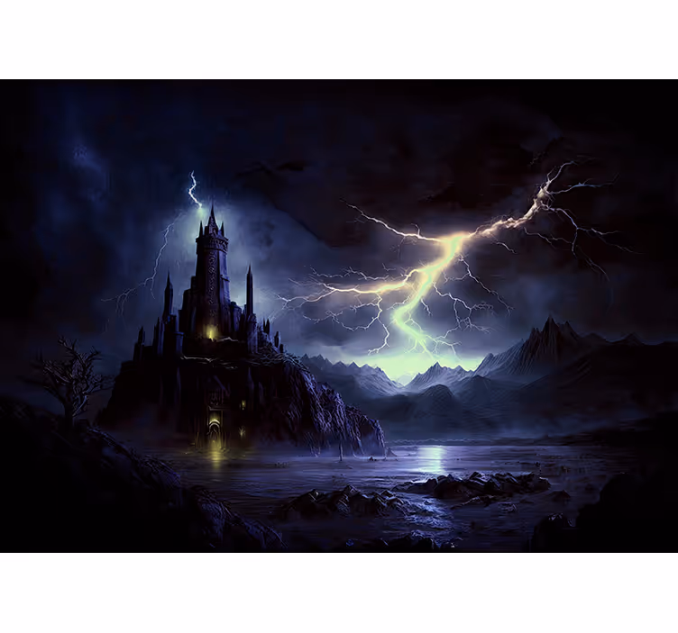 Mural habitación juvenil fantasía castillo oscuro y tormenta - TenVinilo