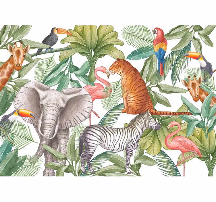 Fotomural selva diseño de animales acuarela - TenVinilo