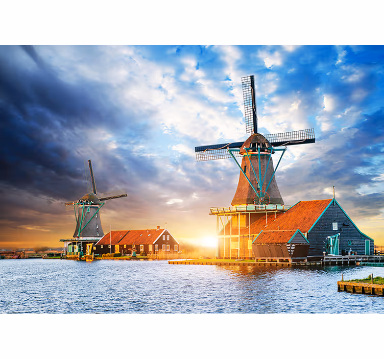 Fotomural de Ámsterdam atardecer en molino holandés - TenVinilo