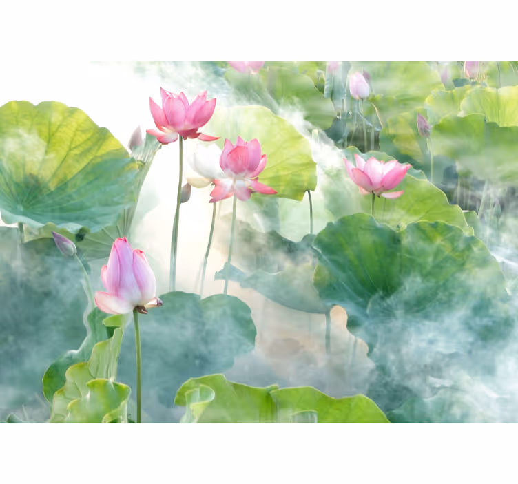Papel pintado salón verde flores de loto - TenVinilo