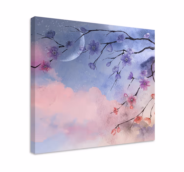 Cuadro de flores ramas en flor con luna - TenVinilo
