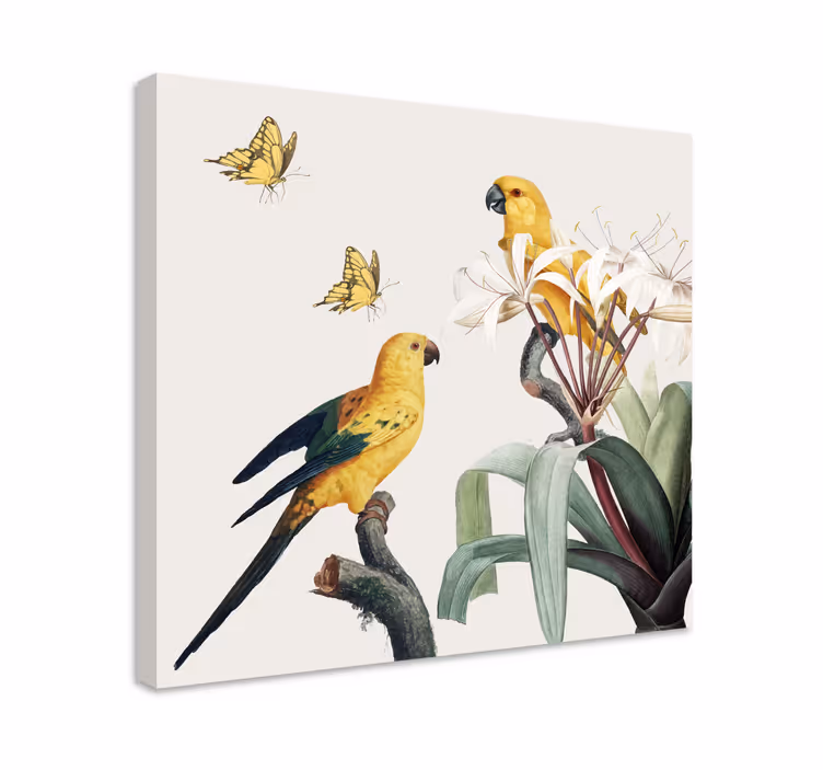 Cuadro de flores loros amarillos y mariposas - TenVinilo