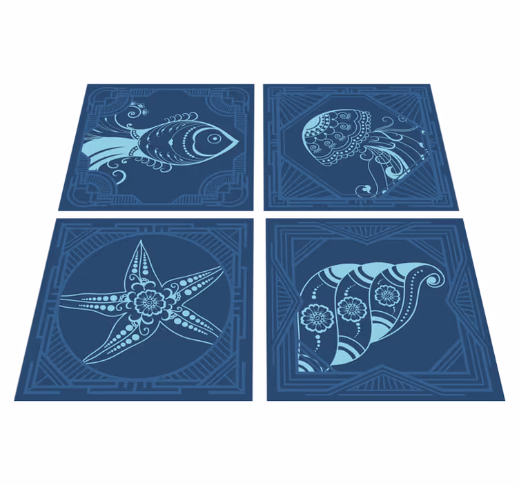 Alfombra vinílica animales azulejos ornamentales azules - TenVinilo