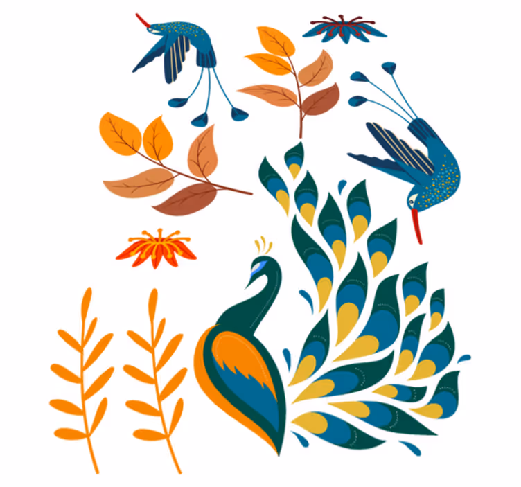 Alfombra vinílica animales estilo tengango aves y plantas - TenVinilo