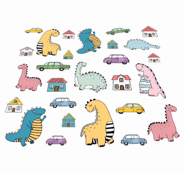 Alfombra vinílica animales dinosaurios nórdicos en ciudad - TenVinilo