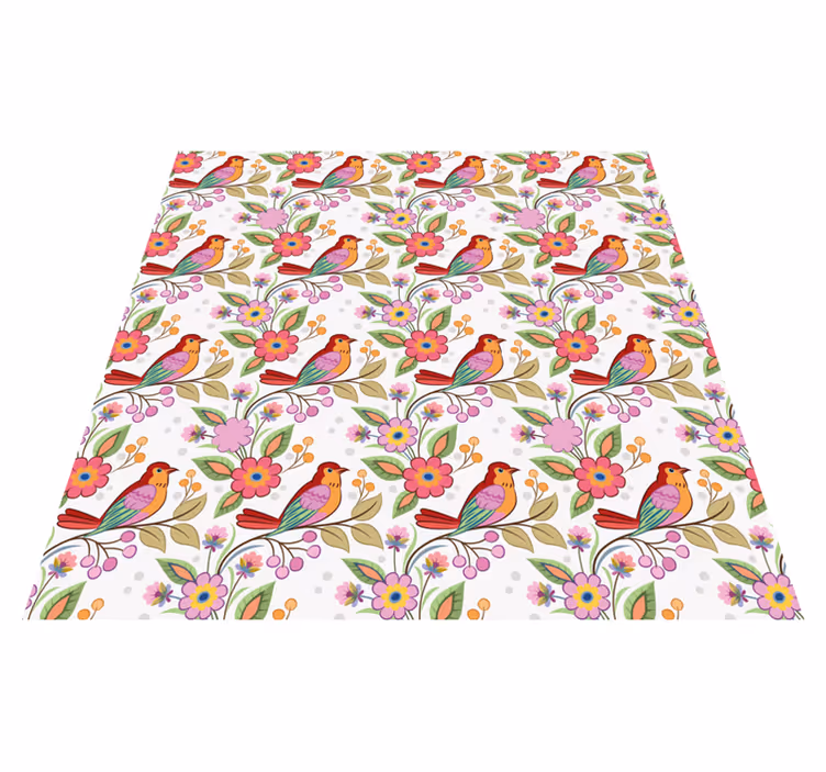 Alfombra vinílica animales pájaro rojo y naranja en árbol verde - TenVinilo