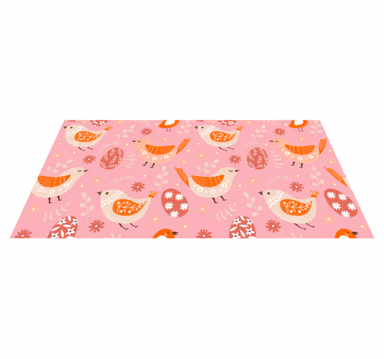 Alfombra vinílica flores patrón folk rosa con pájaros - TenVinilo