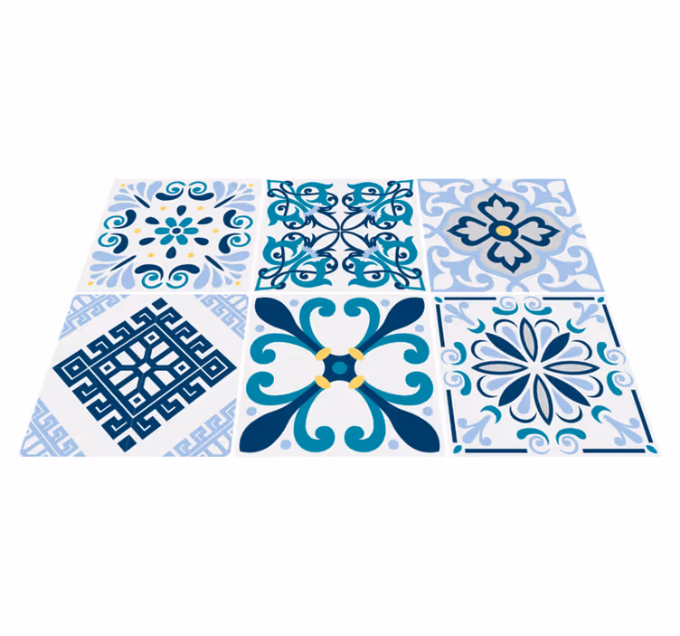 Alfombra vinilo cocina azulejos de flores azules - TenVinilo