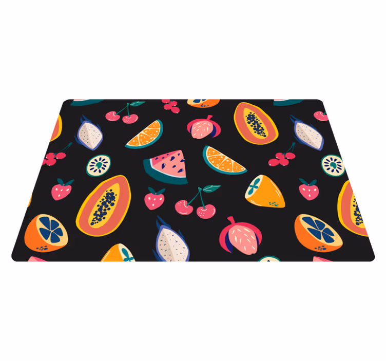 Alfombra vinílica naturaleza frutas multicolores sobre negro - TenVinilo