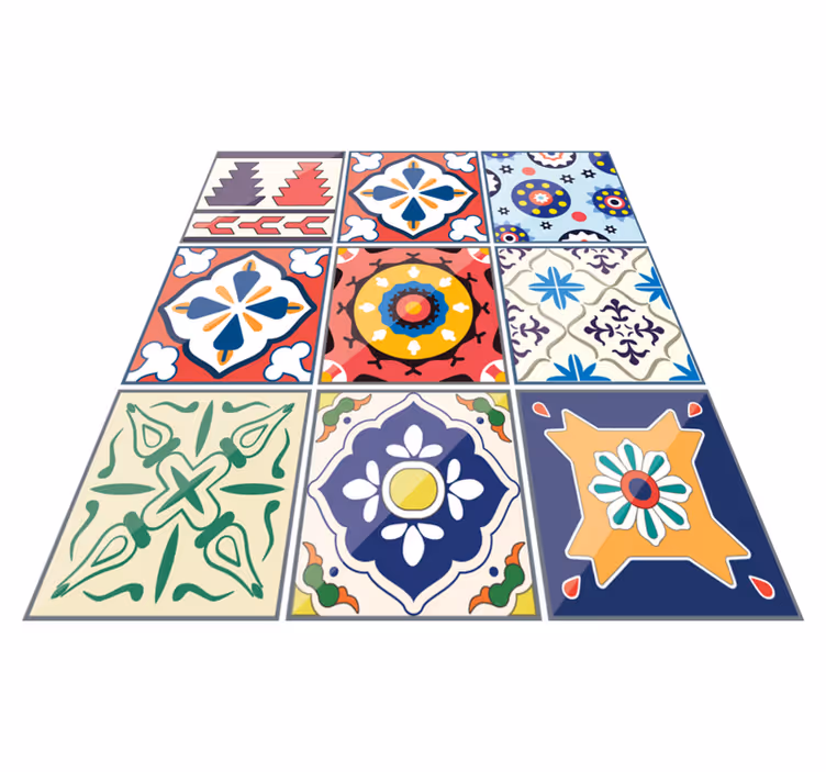 Alfombra vinílica cocina baldosas ornamentales coloridas - TenVinilo