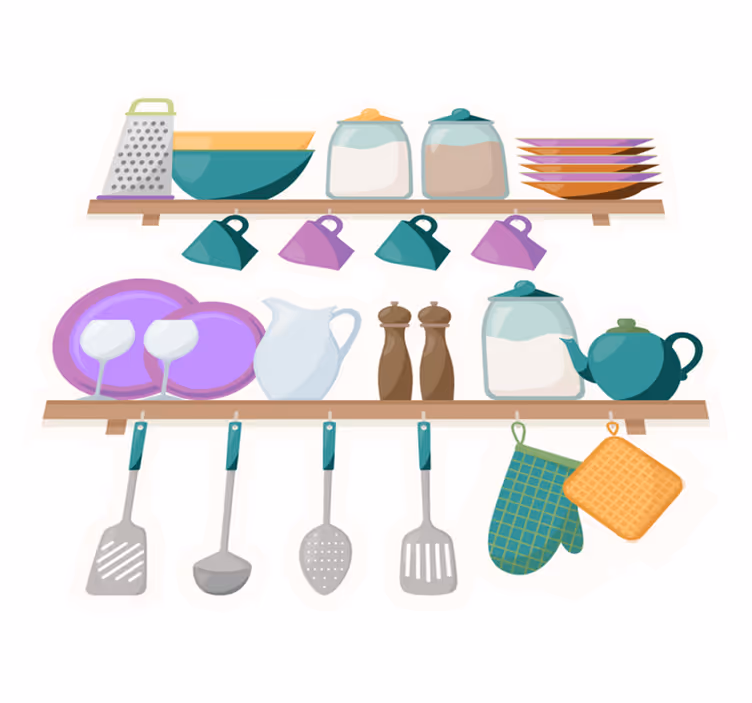 Alfombra vinílica cocina estanterías con utensilios - TenVinilo