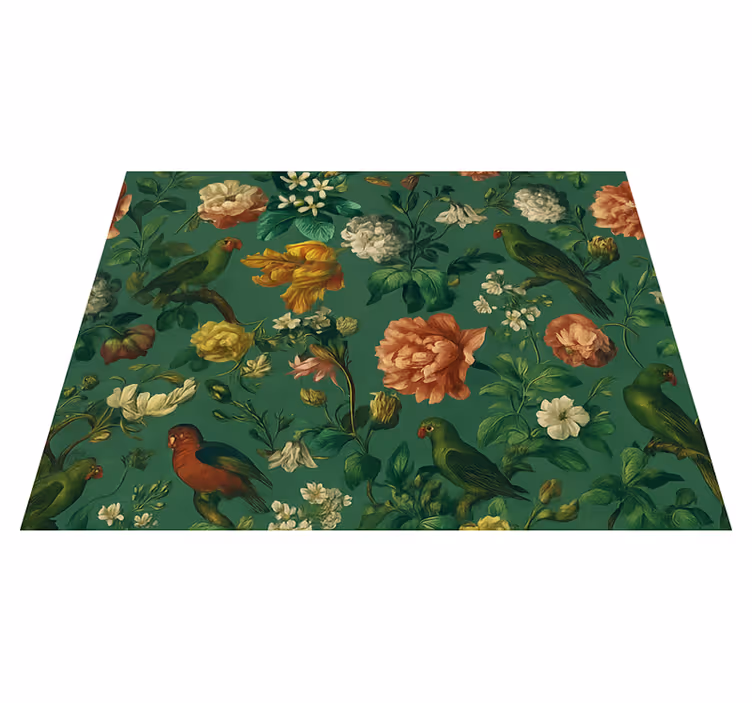 Alfombra vinílica dormitorio diseño flores y aves verde oscuro - TenVinilo