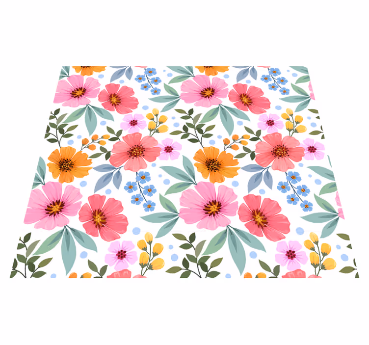 Alfombra vinílica naturaleza flores coloridas sobre fondo blanco - TenVinilo
