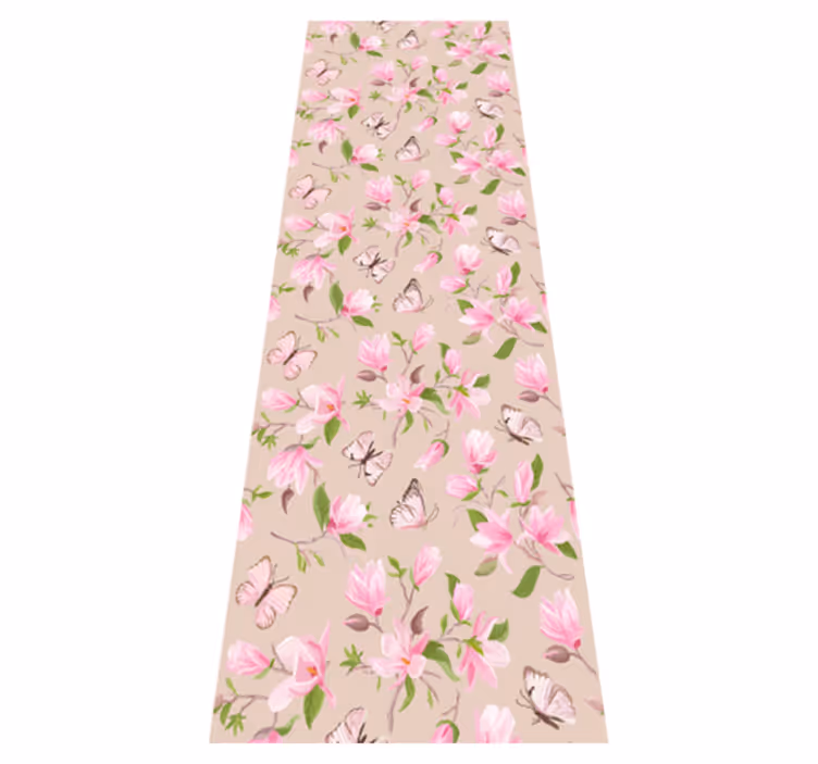 Alfombra vinílica naturaleza diseño magnolia rosa y mariposas - TenVinilo