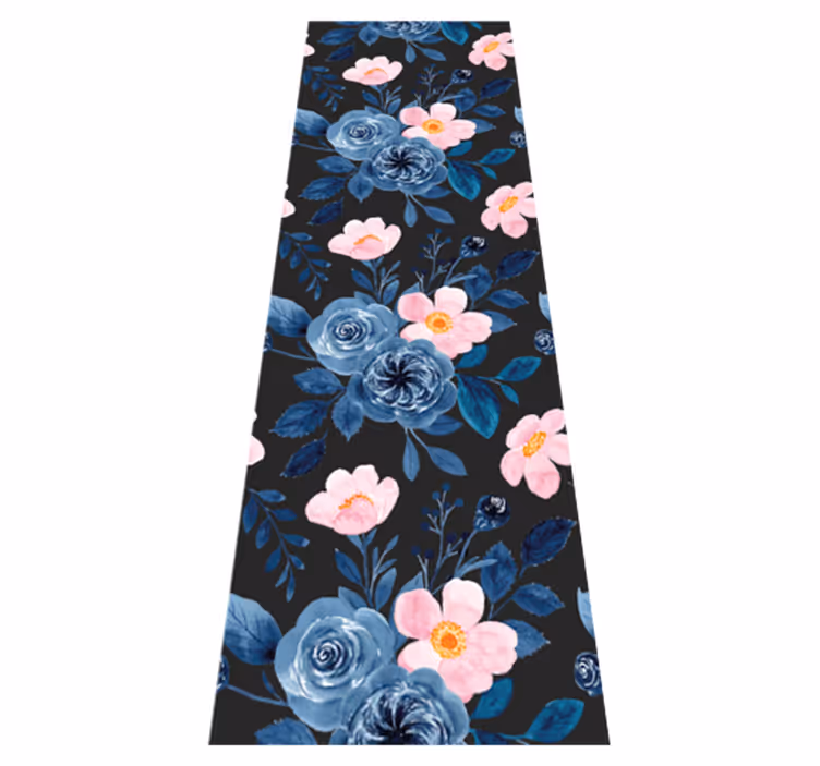 Alfombra vinilo salón patrón azul y rosa sobre negro - TenVinilo