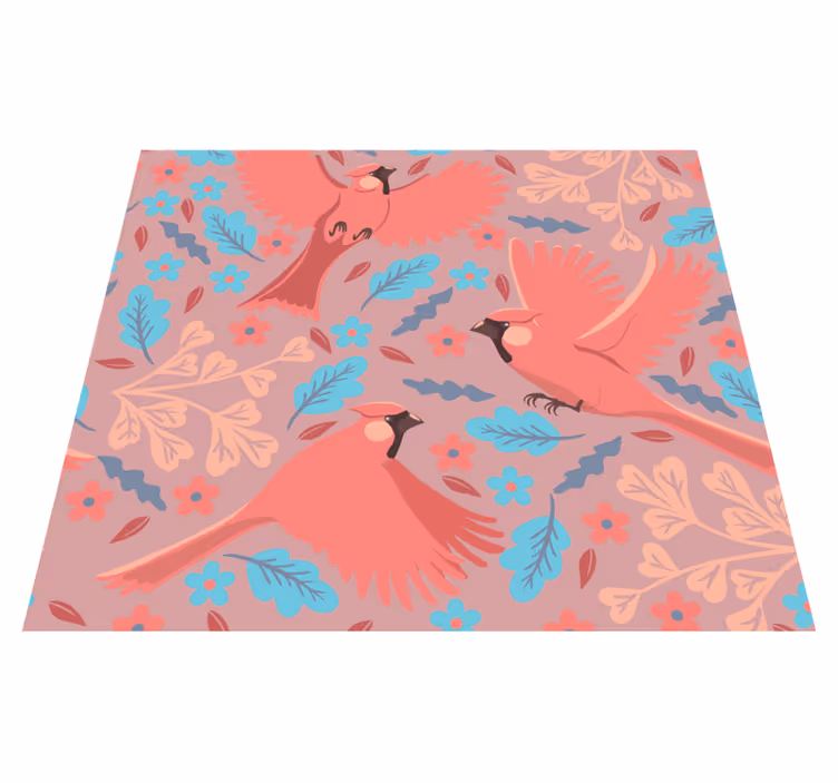 Alfombra vinilo salón fondo rosa con aves en rama - TenVinilo