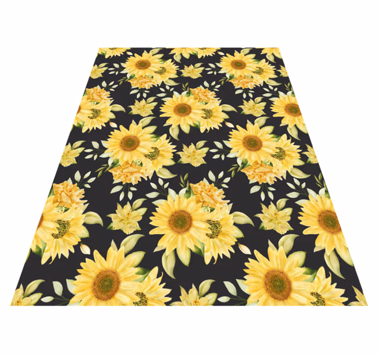 Alfombra vinilo amarilla patrón girasoles fondo negro - TenVinilo