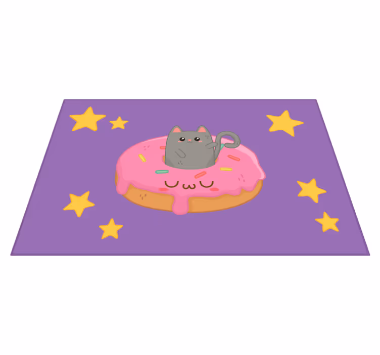 Alfombra vinílica morada gato y donut - TenVinilo