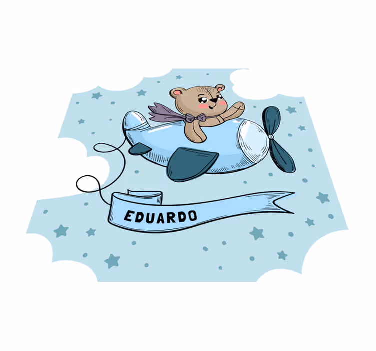 Alfombra vinílica infantil oso en avión con nombre - TenVinilo