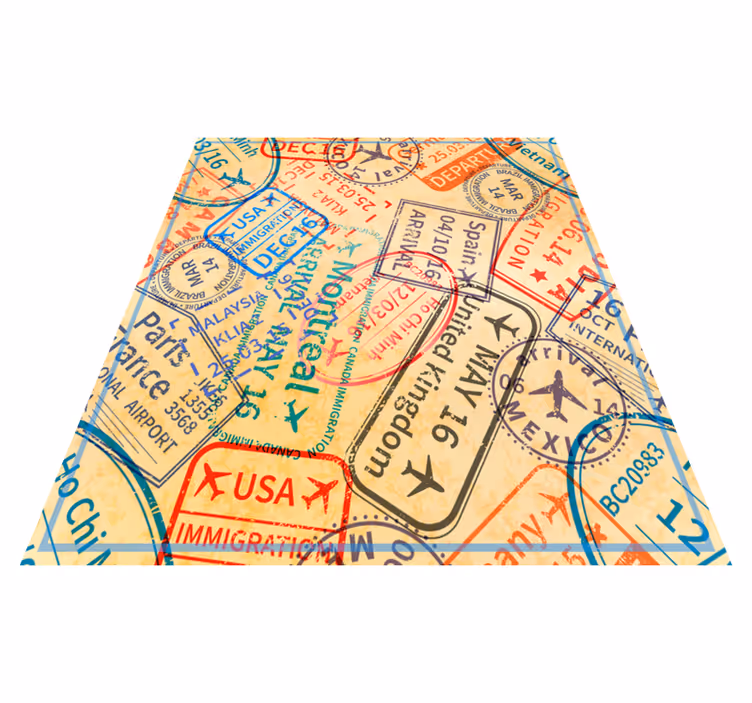 Alfombra vinílica mapamundi sellos de pasaporte de viaje - TenVinilo