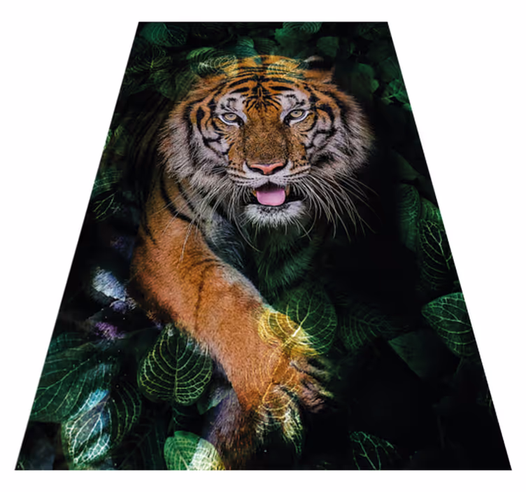Alfombra vinílica animales retrato de tigre y follaje - TenVinilo