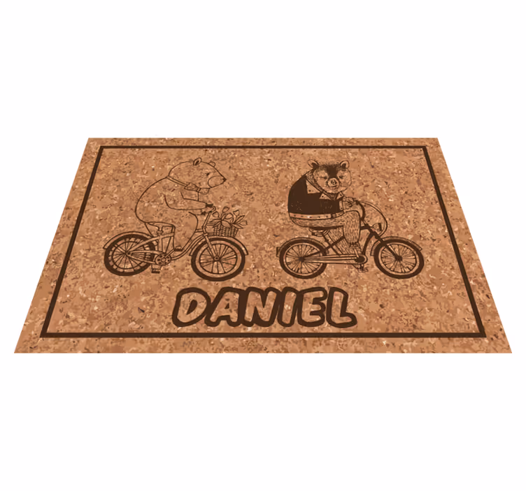 Alfombra vinílica infantil osos en bicicleta con nombre - TenVinilo
