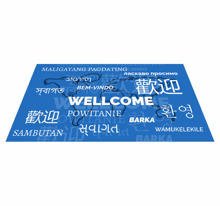 Alfombra vinílica mapamundi bienvenido en varios idiomas - TenVinilo
