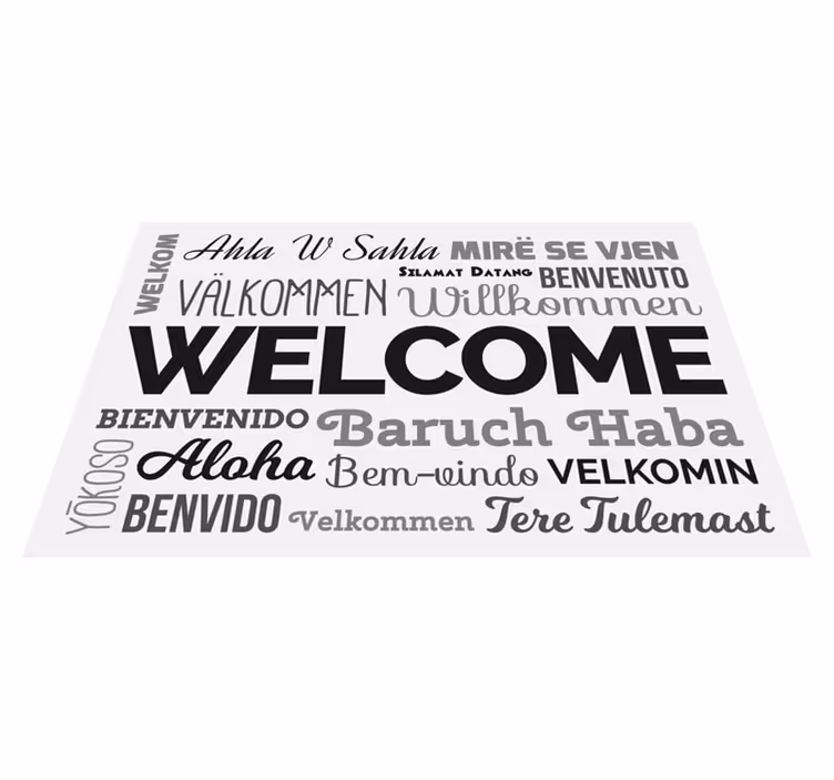 Alfombra vinílica entrada diseño de bienvenida multilingüe - TenVinilo