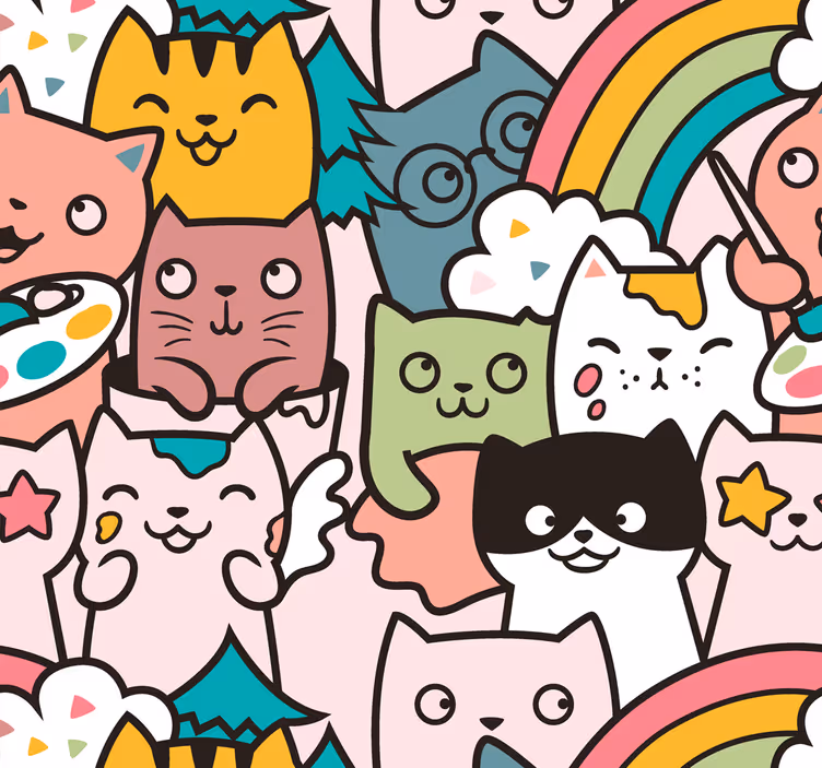 Papel pintado bebé unicornios gatos juguetones - TenVinilo