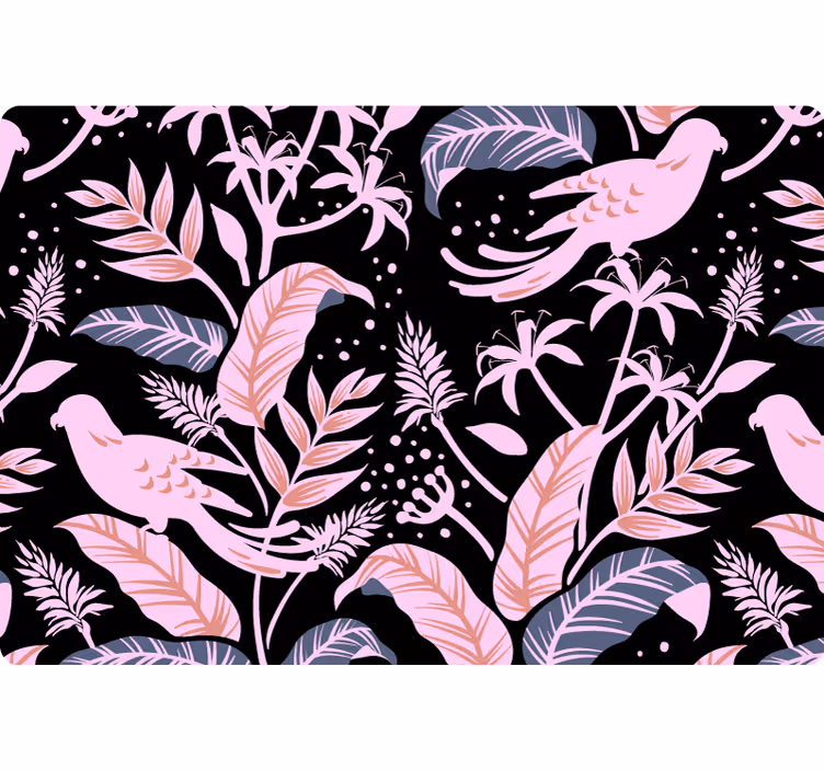 Papel pintado naturaleza aves negras y rosas sobre hojas - TenVinilo