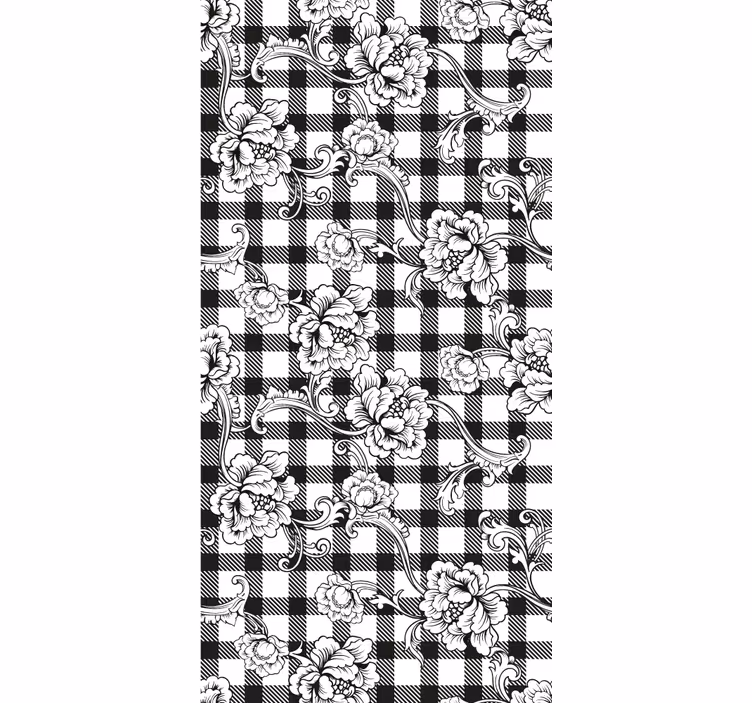 Papel pintado dormitorio floral sobre patrón de cuadros - TenVinilo