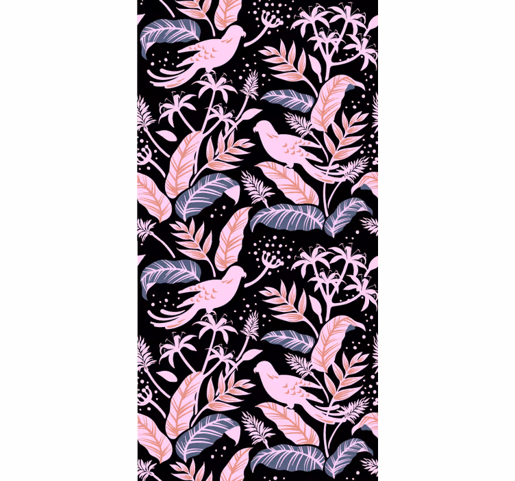 Papel pintado infantil pájaros negros y rosas en hojas - TenVinilo