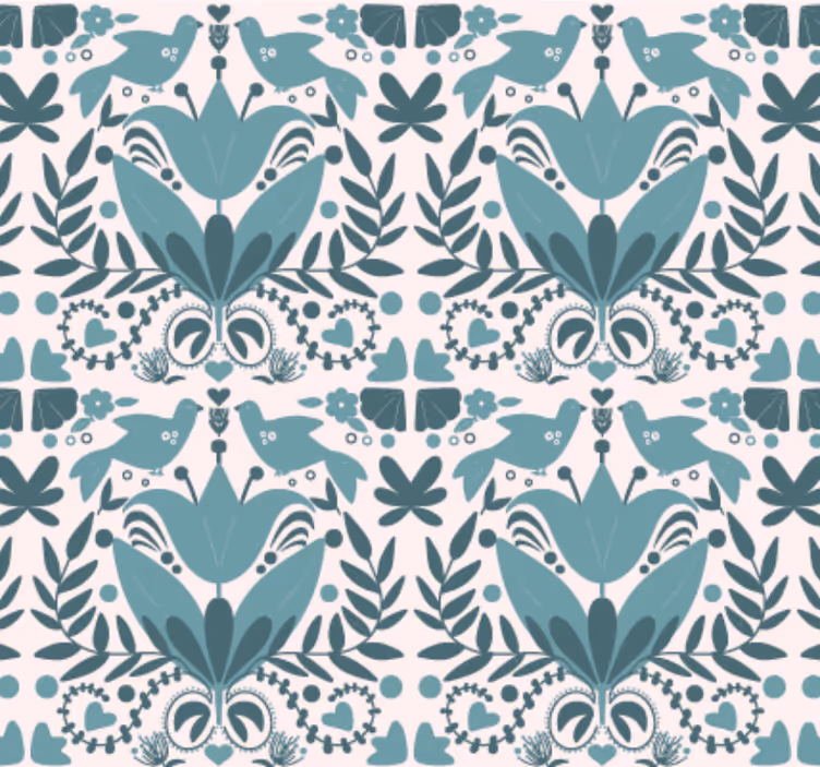 Papel pintado cocina patrón folk azul con pájaros - TenVinilo