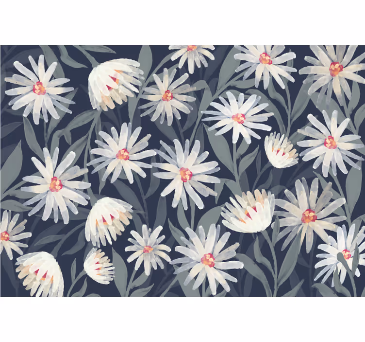 Papel pintado cocina flores margaritas fondo azul - TenVinilo