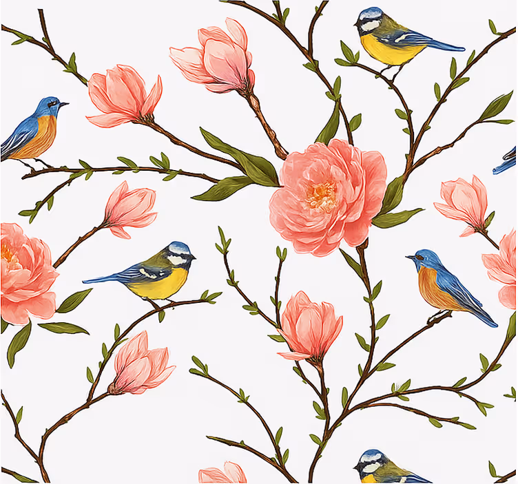 Papel pintado pájaros canto de primavera y peonía - TenVinilo