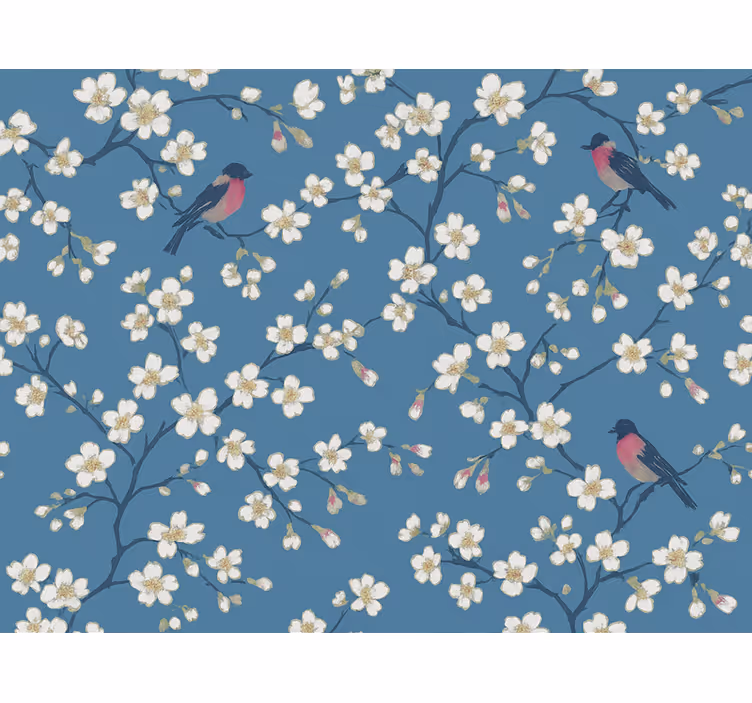 Papel pintado flores pajaritos del huerto azul - TenVinilo