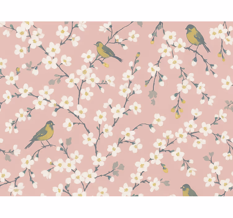 Papel pintado flores aves del huerto rosa - TenVinilo