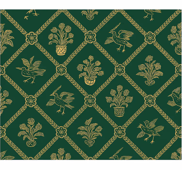 Papel pintado dormitorio matrimonio patrón verde y oro - TenVinilo