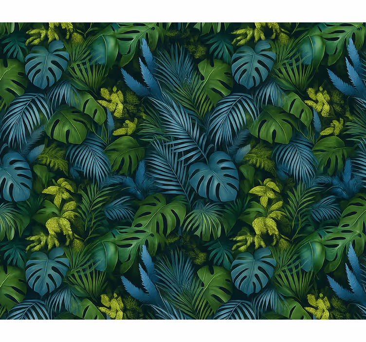 Papel pintado dormitorio matrimonio hojas verdes y azules - TenVinilo