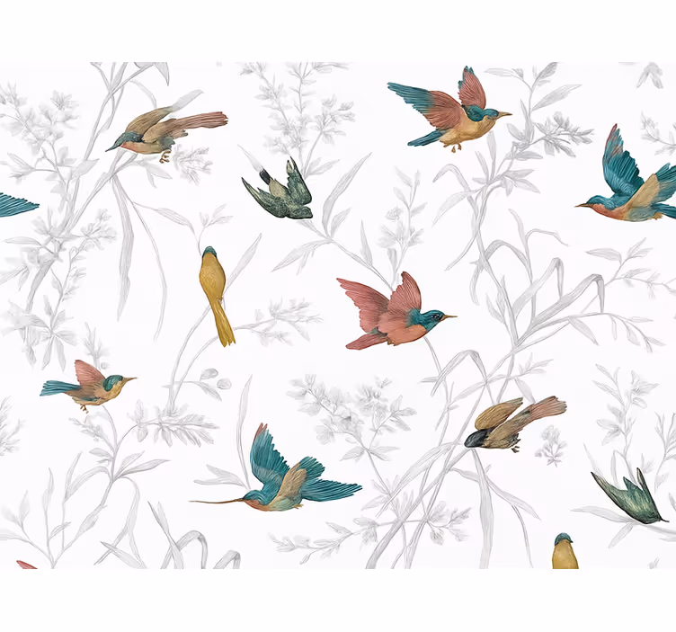 Papel pintado salón patrón de pájaros y hojas - TenVinilo