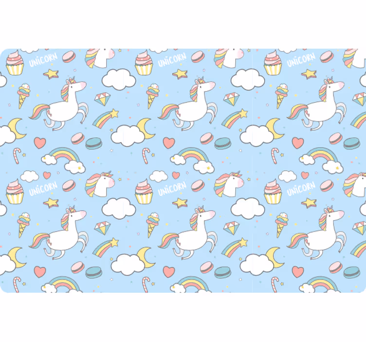 Papel pintado azul con unicornios y arcoíris coloridos - TenVinilo