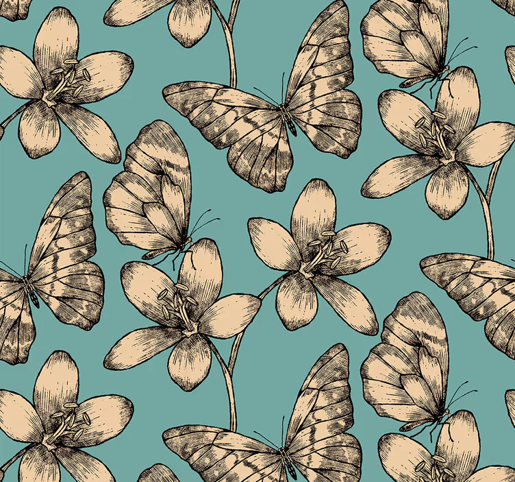 Papel pintado mariposas flores beige sobre fondo azul - TenVinilo