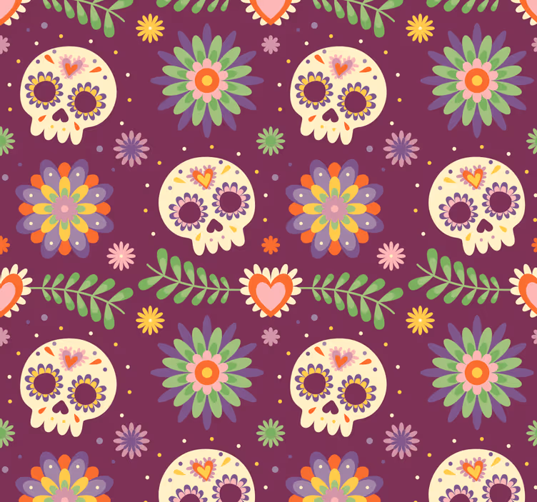 Papel pintado Halloween motivo floral de calavera rústica - TenVinilo