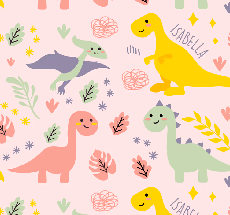 Papel pintado bebé dinosaurios con nombre personalizable - TenVinilo