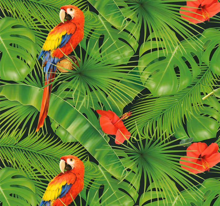 Papel pintado animal Coloridos loros en hojas verdes - TenVinilo