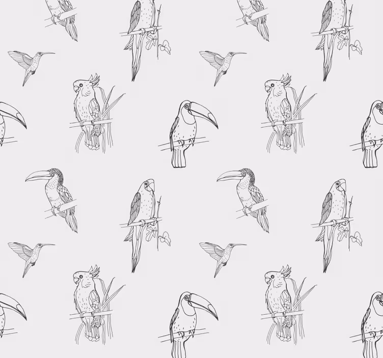 Papel pintado blanco y negro pájaros tropicales - TenVinilo