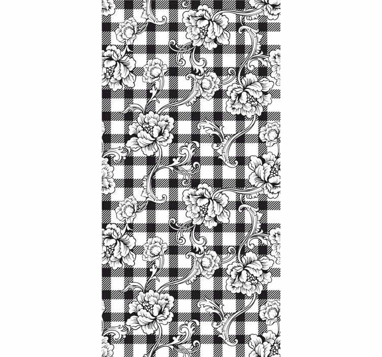 Papel pintado floral tablero de ajedrez con motivos florales - TenVinilo