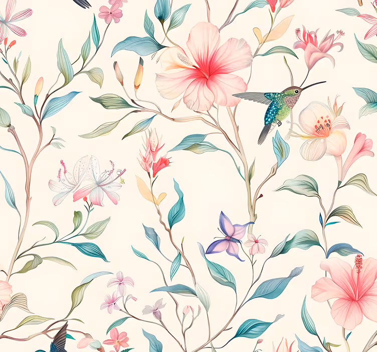 Papel pintado floral patrón de flores y colibríes - TenVinilo